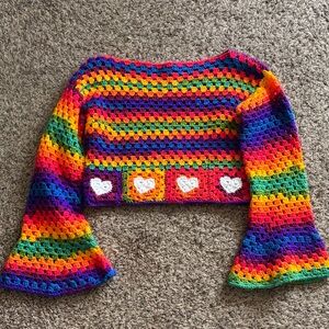 Vintage Rainbow Crochet Crop Top with Bellsleeves